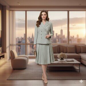 Le Suit Petite 2 Pc Suit Jacket(8P), Skirt(10P) Lined Green/White Checker Career